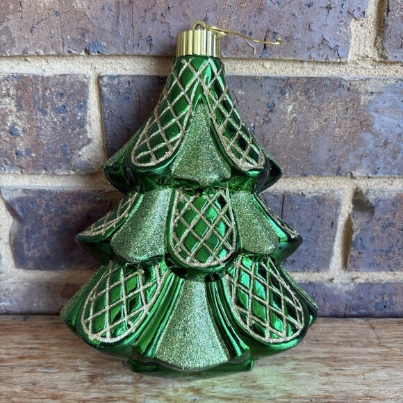 Jumbo Shatterproof Christmas Ornament Christmas Tree Green Gold 9”x6.5” - Picture 2 of 7